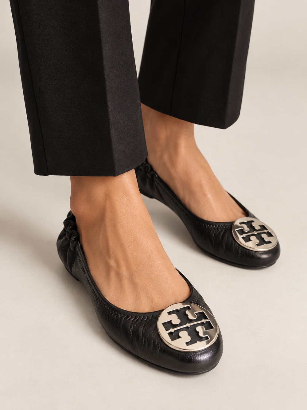 Tory Burch black leather silver logo ballet flats